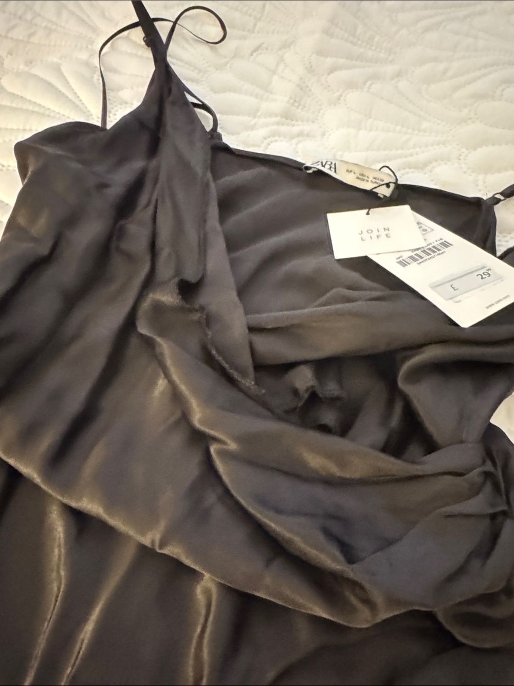 Zara Black Satin Maxi Slip Dress with Side Ruching - Picture 7 of 8